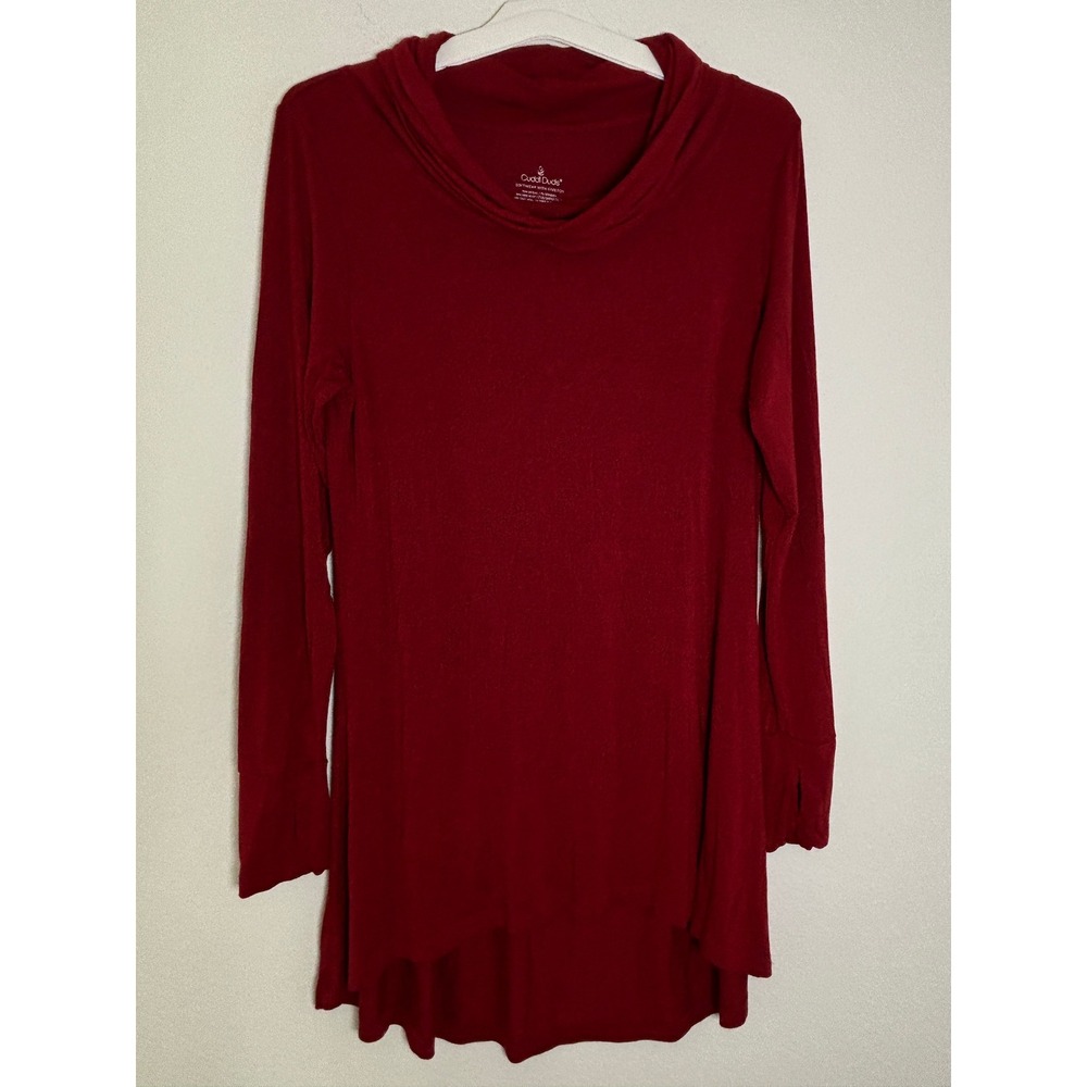 Cuddl Duds Softwear Red Cowl Neck Tunic Top Thumbholes Large High Low Hem